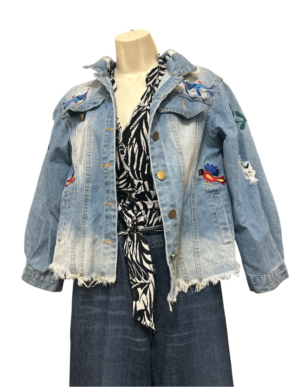 Escolar Embroidered Light Blue Distressed Denim Jacket - Women's